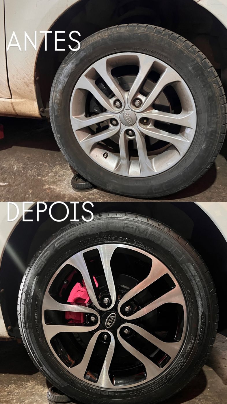 Roda de Kia antes, cinza e suja, e depois, diamantada com pinça de freio rosa